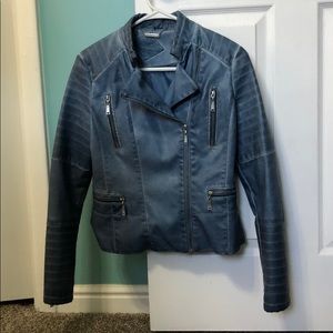 Blue leather jacket.